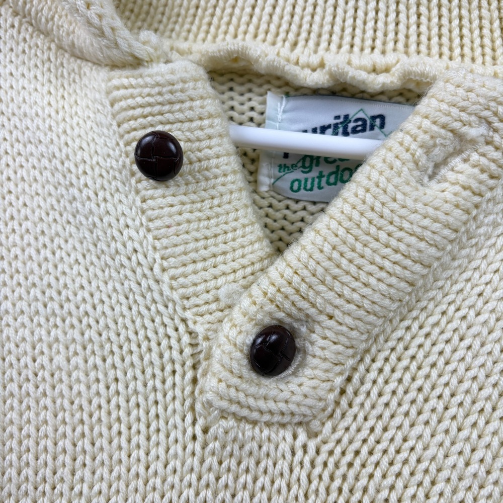 Vintage Puritan Sweater Hoodie Mens Large Ivory Chunky Knit Henley Pullover 80s - Picture 2 of 8